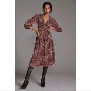 NWT Ranna Gill Anthropologie Floral Cutouts Leopard Print Midi Dress Size XS